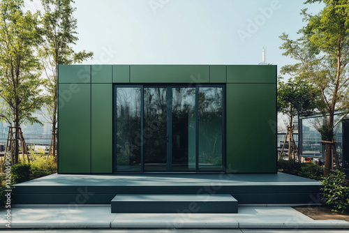 Obraz na płótnie Sleek Minimalist Prefab Home with a Green Exterior w salonie
