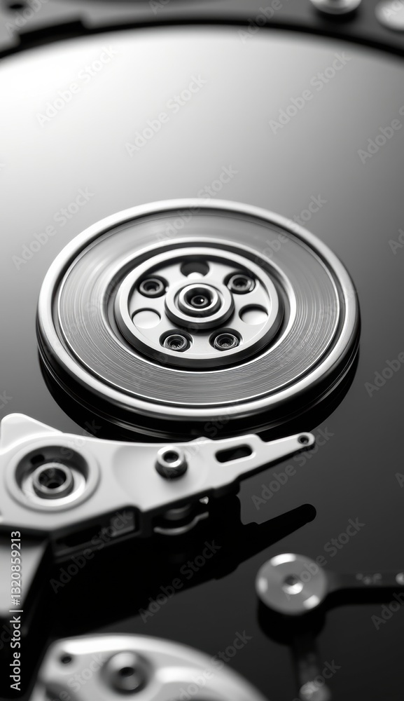 Close-Up of Hard Drive Mechanism with Reflective Surface and Lights Close-Up of Hard Drive Mechanism with Reflective Surface and Lights