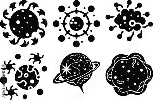 Black and White Vector Illustrations of Various Celestial Bodies and Abstract Organic Shapes in a Flat Design Style