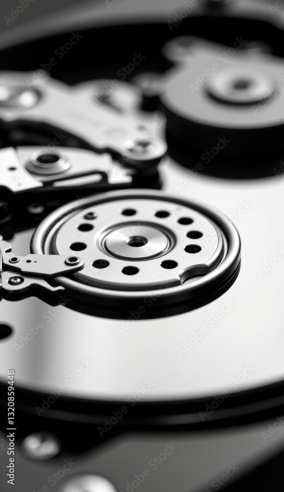 Close-Up of Hard Drive Mechanism with Reflective Surface and Lights Close-Up of Hard Drive Mechanism with Reflective Surface and Lights