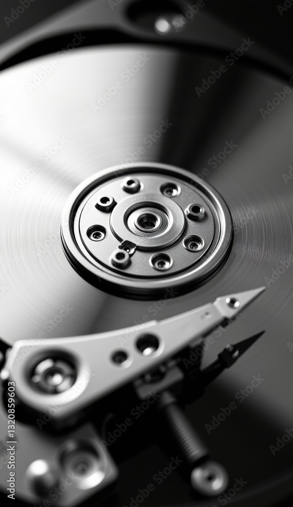 Close-Up of Hard Drive Mechanism with Reflective Surface and Lights Close-Up of Hard Drive Mechanism with Reflective Surface and Lights