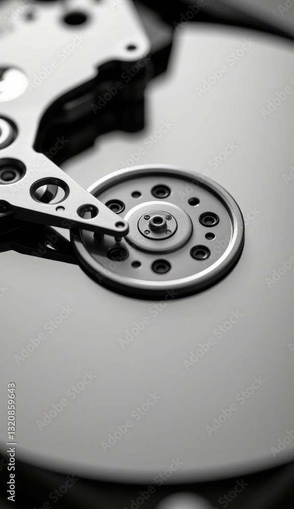 Close-Up of Hard Drive Mechanism with Reflective Surface and Lights Close-Up of Hard Drive Mechanism with Reflective Surface and Lights