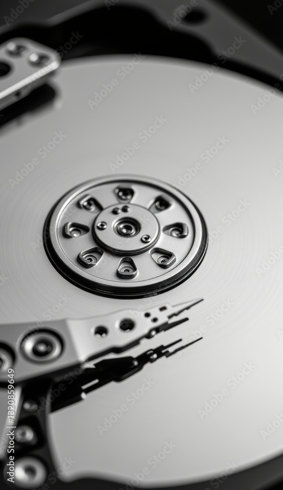 Close-Up of Hard Drive Mechanism with Reflective Surface and Lights Close-Up of Hard Drive Mechanism with Reflective Surface and Lights