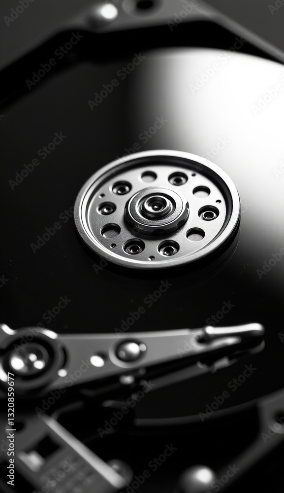 Close-Up of Hard Drive Mechanism with Reflective Surface and Lights Close-Up of Hard Drive Mechanism with Reflective Surface and Lights