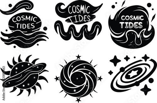Cosmic Tides Logo Designs: Black and White Celestial Vector Art, Space, Stars, Galaxy, Waves, Astronomy, Graphic Illustration Templates