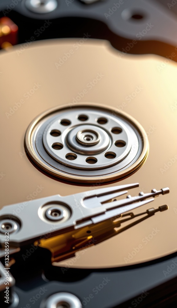 Close-Up of Hard Drive Mechanism with Reflective Surface and Lights Close-Up of Hard Drive Mechanism with Reflective Surface and Lights