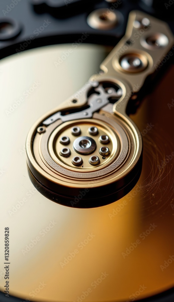 Close-Up of Hard Drive Mechanism with Reflective Surface and Lights