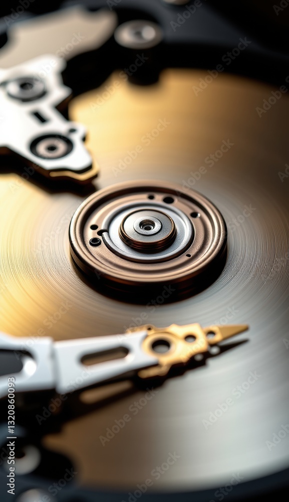 Close-Up of Hard Drive Mechanism with Reflective Surface and Lights Close-Up of Hard Drive Mechanism with Reflective Surface and Lights