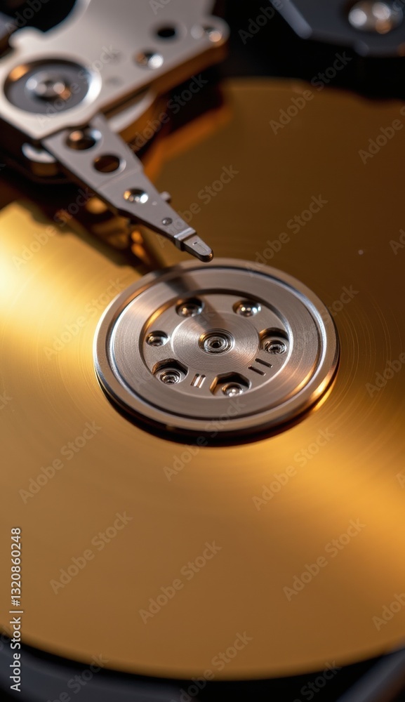 Close-Up of Hard Drive Mechanism with Reflective Surface and Lights Close-Up of Hard Drive Mechanism with Reflective Surface and Lights
