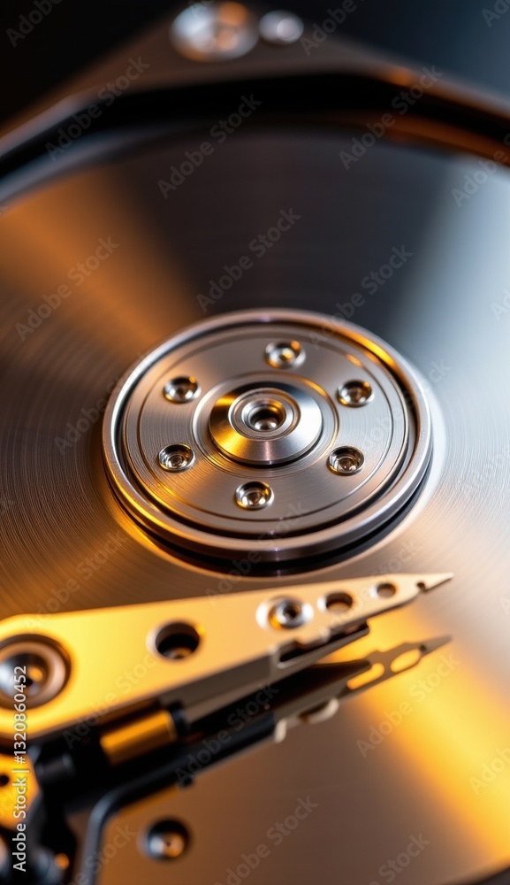 Close-Up of Hard Drive Mechanism with Reflective Surface and Lights Close-Up of Hard Drive Mechanism with Reflective Surface and Lights