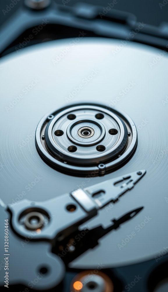 Close-Up of Hard Drive Mechanism with Reflective Surface and Lights Close-Up of Hard Drive Mechanism with Reflective Surface and Lights