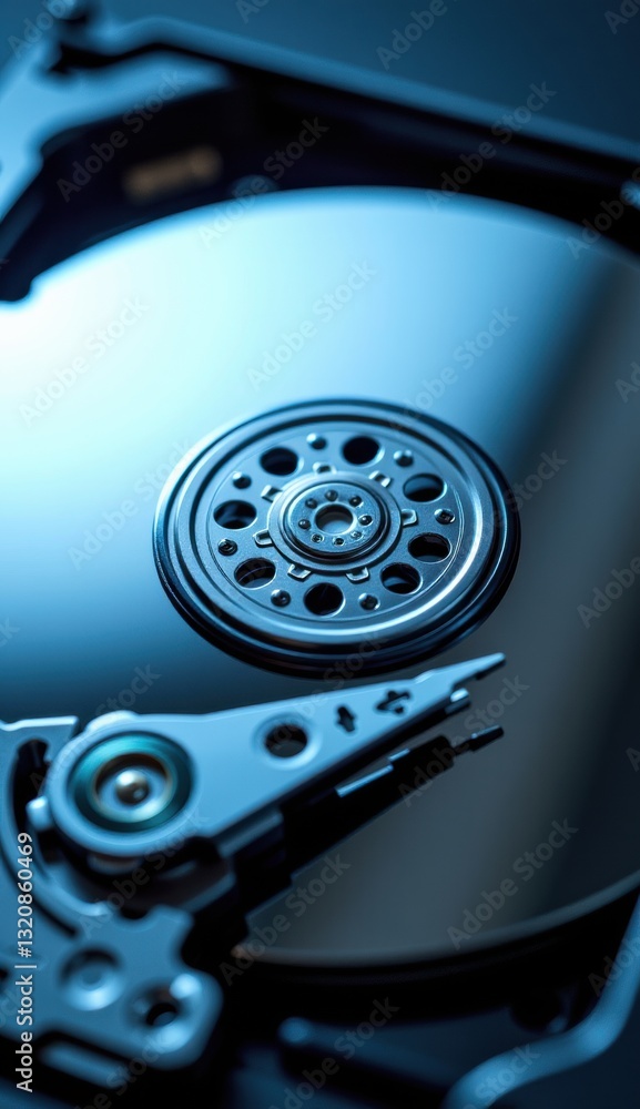 Close-Up of Hard Drive Mechanism with Reflective Surface and Lights Close-Up of Hard Drive Mechanism with Reflective Surface and Lights