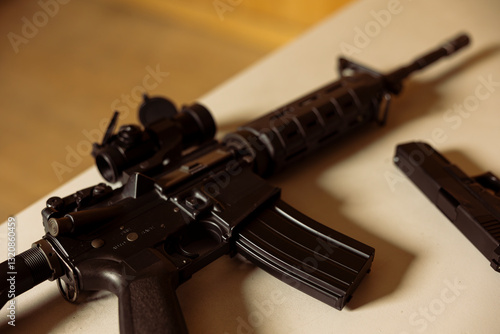 Assault weapon at shooting range to be used in training designed to increase safety and survivability in combat. Military rifle used in practice to increase firearm handling efficiency, close up