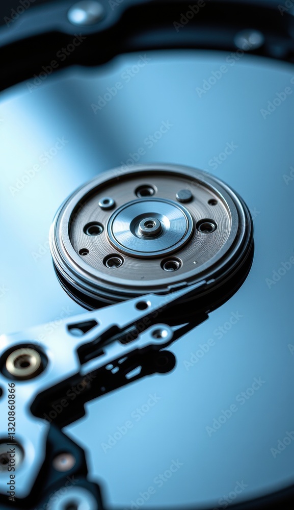 Close-Up of Hard Drive Mechanism with Reflective Surface and Lights Close-Up of Hard Drive Mechanism with Reflective Surface and Lights