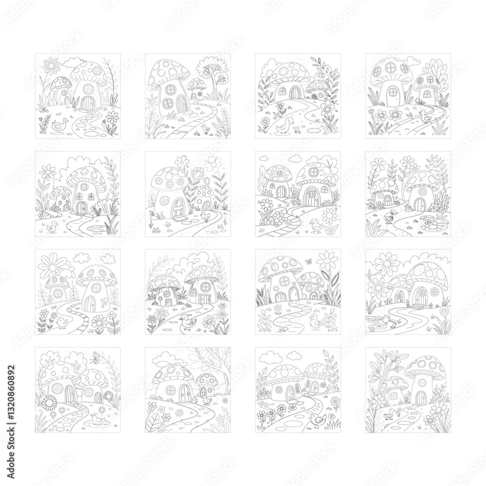 Naklejka premium Whimsical Fantasy Mushroom Houses Coloring Pages For Kids