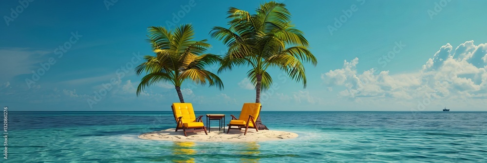 deckchairs under palm trees on a lonely sand island in the middle of the ocean