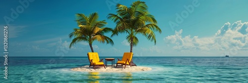 Obraz na płótnie deckchairs under palm trees on a lonely sand island in the middle of the ocean w salonie