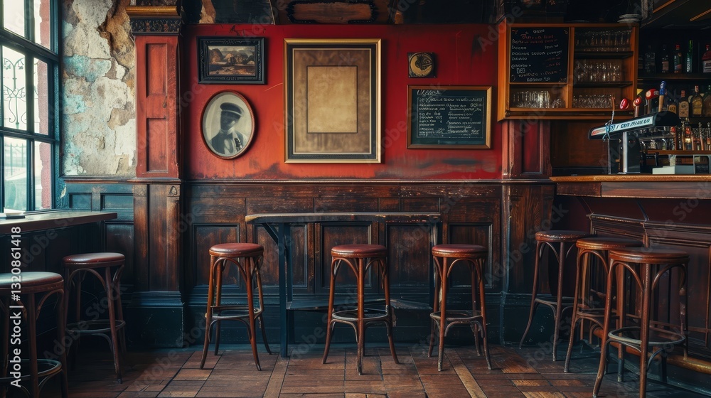 A blank picture frame hanging on the old textured wooden wall in a cosy old english or irish pub