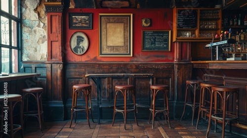 Obraz na płótnie A blank picture frame hanging on the old textured wooden wall in a cosy old english or irish pub w salonie