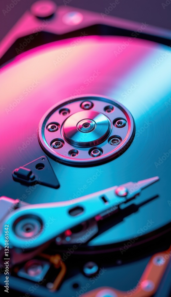 Close-Up of Hard Drive Mechanism with Reflective Surface and Lights Close-Up of Hard Drive Mechanism with Reflective Surface and Lights