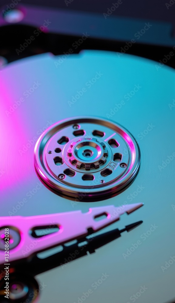 Close-Up of Hard Drive Mechanism with Reflective Surface and Lights Close-Up of Hard Drive Mechanism with Reflective Surface and Lights