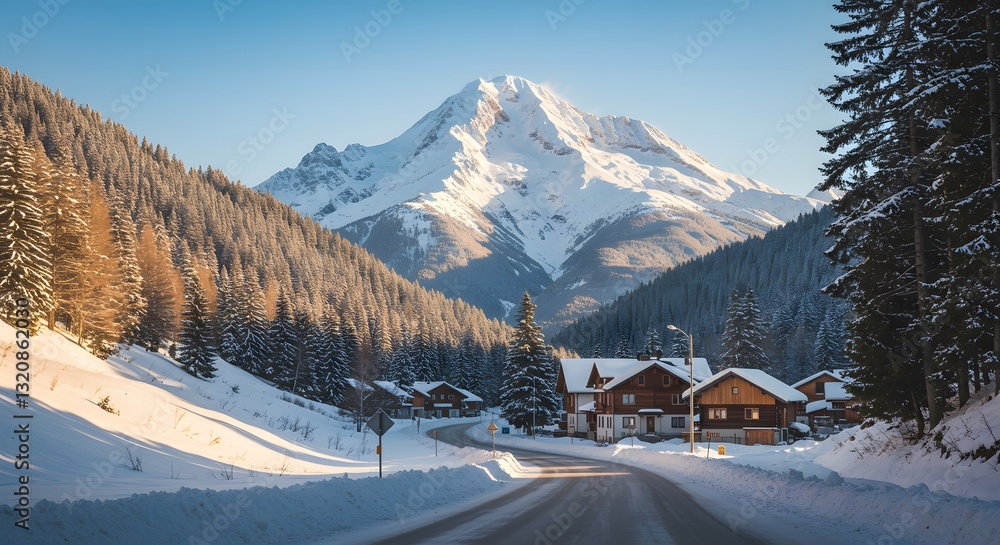 Fototapeta premium AI Generated - Forest and Snow Mountain View. Perfect for branding, website travel