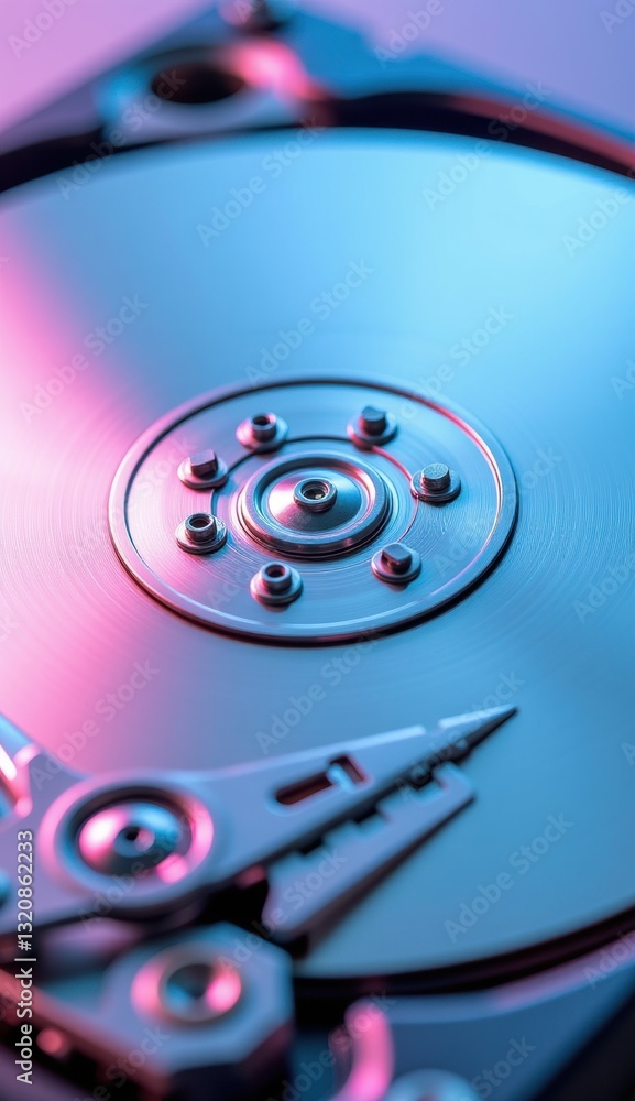 Close-Up of Hard Drive Mechanism with Reflective Surface and Lights Close-Up of Hard Drive Mechanism with Reflective Surface and Lights
