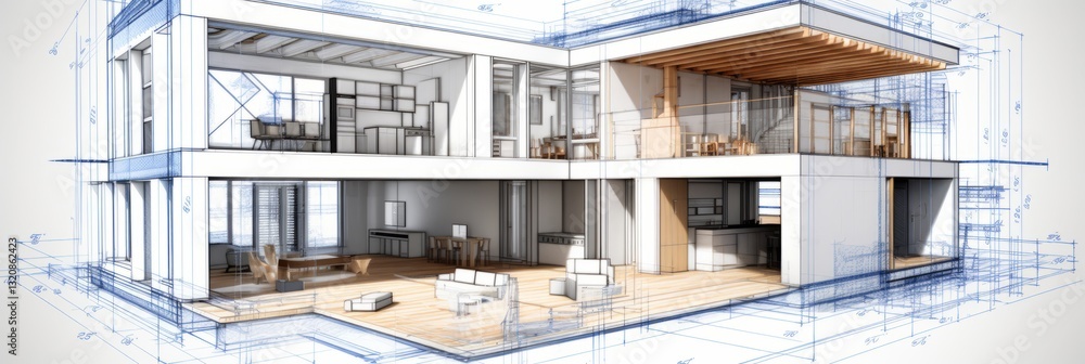 Fototapeta premium vision of architecture of a 3d model house project with blueprint