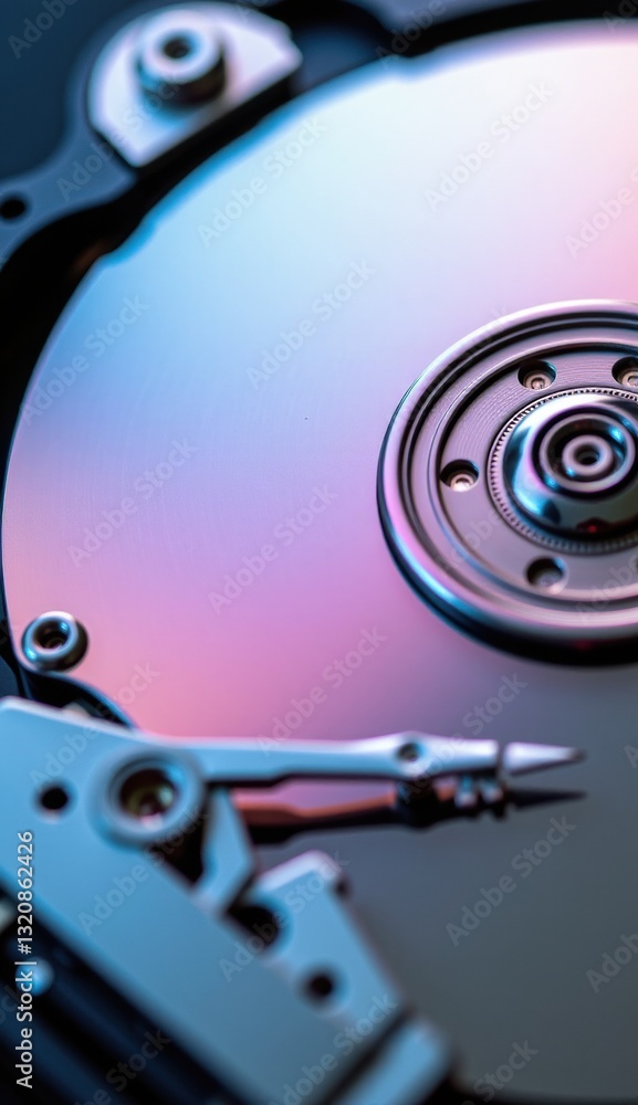 Close-Up of Hard Drive Mechanism with Reflective Surface and Lights Close-Up of Hard Drive Mechanism with Reflective Surface and Lights