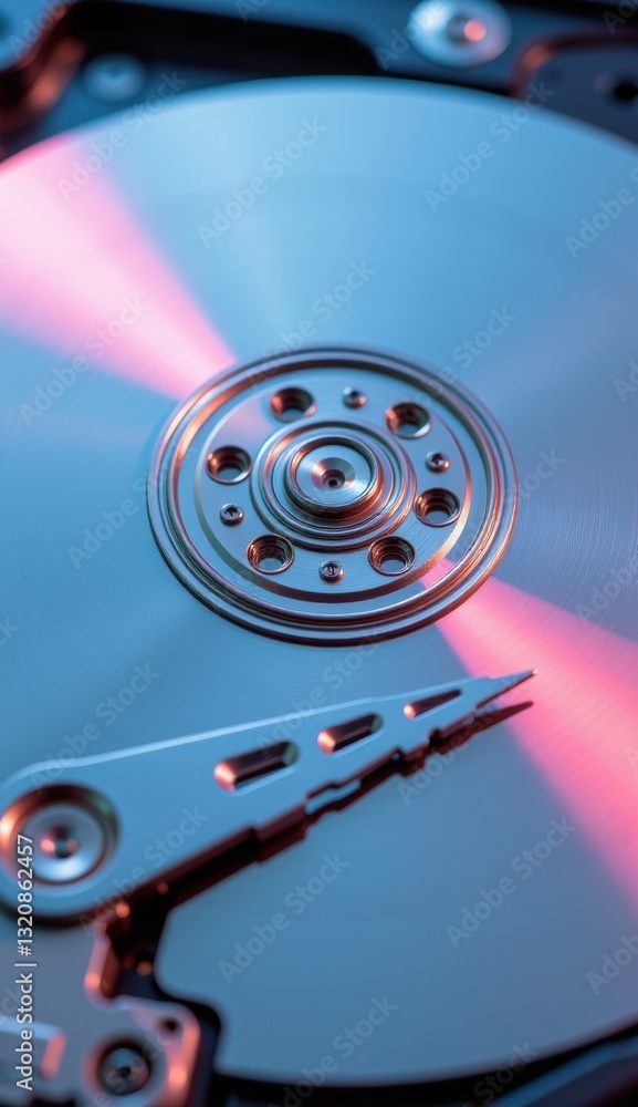 Close-Up of Hard Drive Mechanism with Reflective Surface and Lights Close-Up of Hard Drive Mechanism with Reflective Surface and Lights