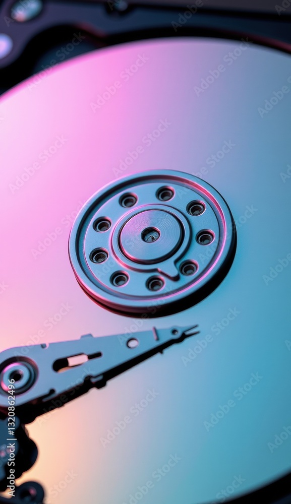 Close-Up of Hard Drive Mechanism with Reflective Surface and Lights Close-Up of Hard Drive Mechanism with Reflective Surface and Lights