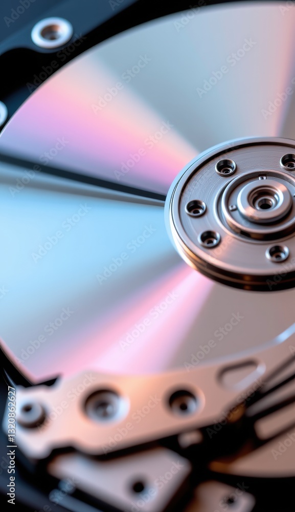 Close-Up of Hard Drive Mechanism with Reflective Surface and Lights Close-Up of Hard Drive Mechanism with Reflective Surface and Lights