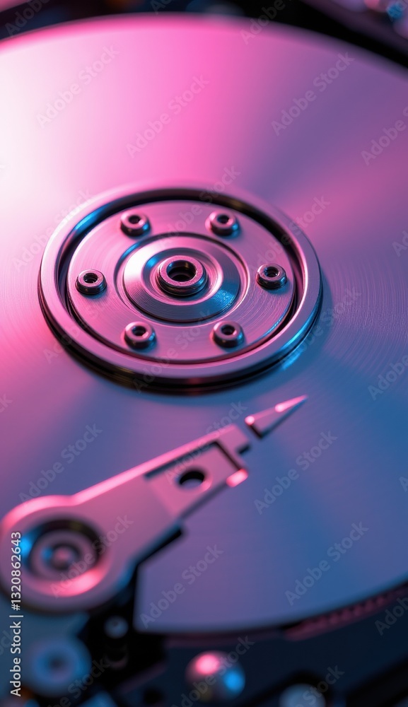 Close-Up of Hard Drive Mechanism with Reflective Surface and Lights Close-Up of Hard Drive Mechanism with Reflective Surface and Lights