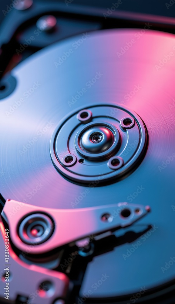 Close-Up of Hard Drive Mechanism with Reflective Surface and Lights Close-Up of Hard Drive Mechanism with Reflective Surface and Lights