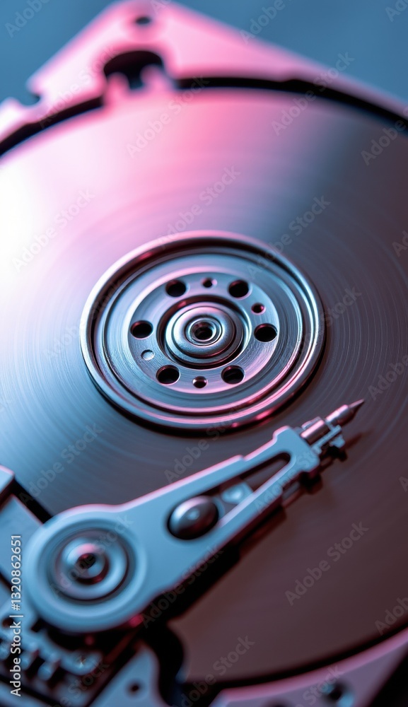 Close-Up of Hard Drive Mechanism with Reflective Surface and Lights Close-Up of Hard Drive Mechanism with Reflective Surface and Lights