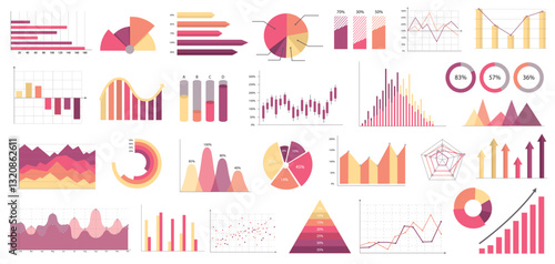 Set of various colorful business charts and graphs in modern flat design on a white background. Concept of data visualization and analytics. Vector illustration