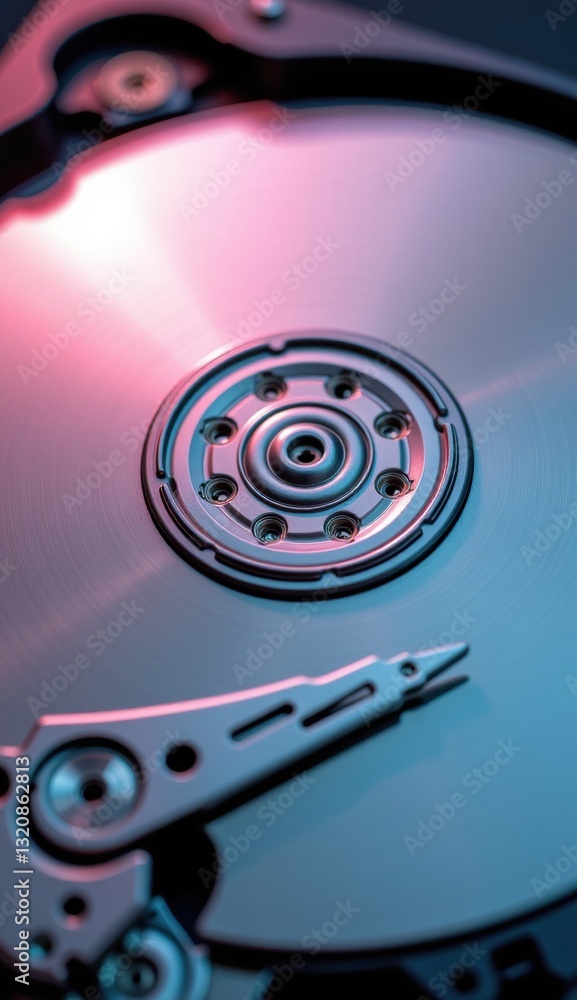 Close-Up of Hard Drive Mechanism with Reflective Surface and Lights Close-Up of Hard Drive Mechanism with Reflective Surface and Lights