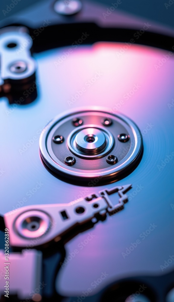 Close-Up of Hard Drive Mechanism with Reflective Surface and Lights Close-Up of Hard Drive Mechanism with Reflective Surface and Lights