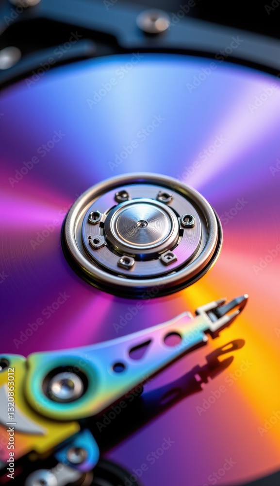 Close-Up of Hard Drive Mechanism with Reflective Surface and Lights Close-Up of Hard Drive Mechanism with Reflective Surface and Lights
