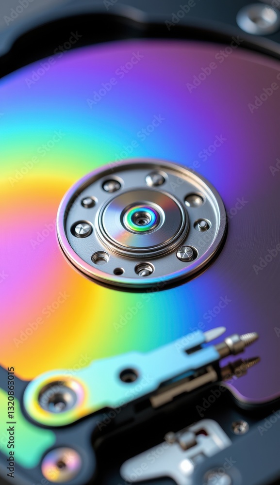 Close-Up of Hard Drive Mechanism with Reflective Surface and Lights Close-Up of Hard Drive Mechanism with Reflective Surface and Lights