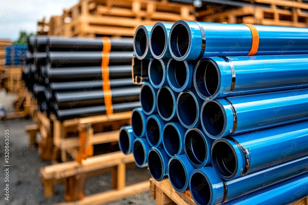 Stacked blue and black pipes on wooden pallets in a storage facility Stacked blue and black pipes on wooden pallets in a storage facility