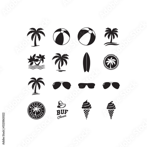 vector set of summer icons.Collection of black and white summer vacation icons.This image features a set of twelve iconic black and white summer vacation-themed logos.