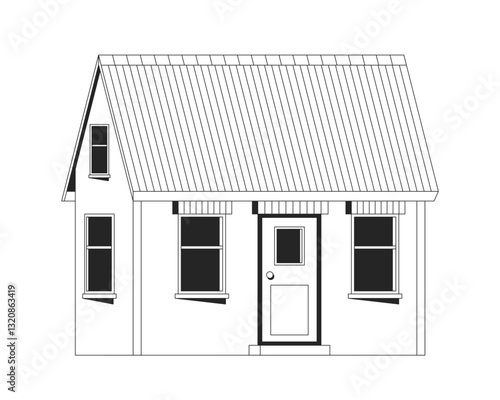 Cozy cottage with pitched roof 2D line object. Dream home, real estate, architectural design. Suburban country house isolated clipart vector ink outline item. Monochrome spot illustration