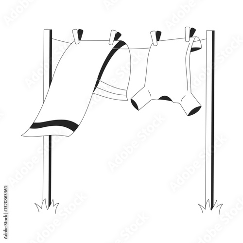 Freshly washed clothes hanging on clothesline 2D line object. Fresh laundry eco friendly. Washing day. Towel, tshirt drying rack isolated clipart vector ink outline item. Monochrome spot illustration