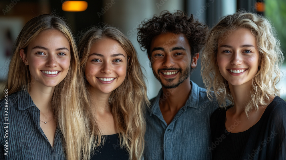 Fototapeta premium Diverse Multiracial Team in Office, Smiling Confident Individuals, Symbolizing Positivity and Unity