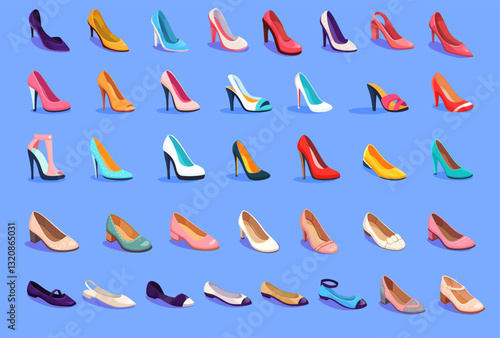Set of womens shoes in various styles and colors on a blue background. Fashionable footwear collection, including high heels and flats. Vector illustration