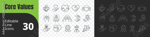 Core Values Line Editable Icons set vector illustration modern, trustworthiness, kindness, respect, boldness, autonomy, faith, loyalty, service, Pictograms and infographics for mobile apps