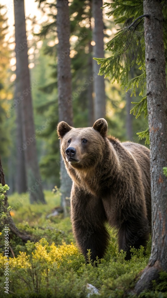 A Mighty Brown Bear Roaming Through the Dense Forest, Surrounded by Towering Trees and Soft Moonlight, Creating a Serene Yet Powerful Scene of Wilderness, Strength, and Untamed Natural Beauty A Mighty Brown Bear Roaming Through the Dense Forest, Surrounded by Towering Trees and Soft Moonlight, Creating a Serene Yet Powerful Scene of Wilderness, Strength, and Untamed Natural Beauty