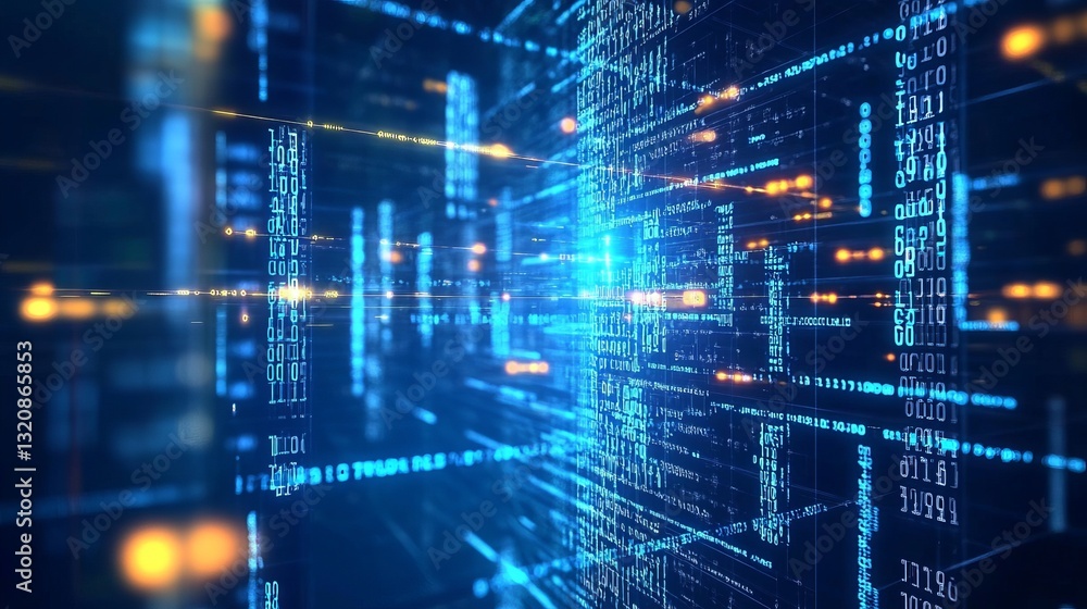 A blue-themed background binary data and software programming code, displaying random program code segments as part of a digital technology concept, with a matrix of binary digits. Vector illustration A blue-themed background binary data and software programming code, displaying random program code segments as part of a digital technology concept, with a matrix of binary digits. Vector illustration