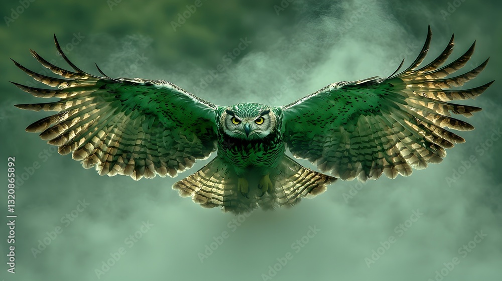 Fototapeta premium Majestic Green Owl in Flight with Spread Wings and Intense Gaze